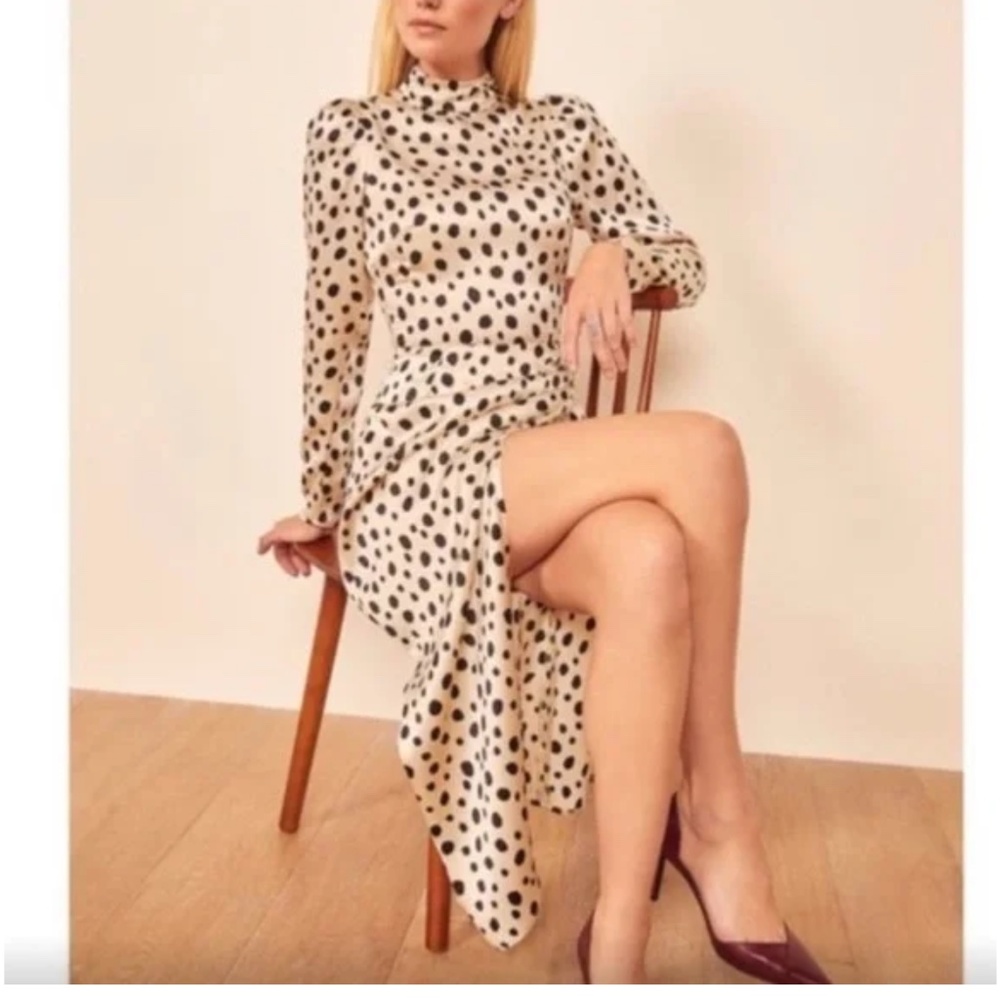 Reformation Carmelina Spotted Polka Dot Mock Neck Silk Midi Dress